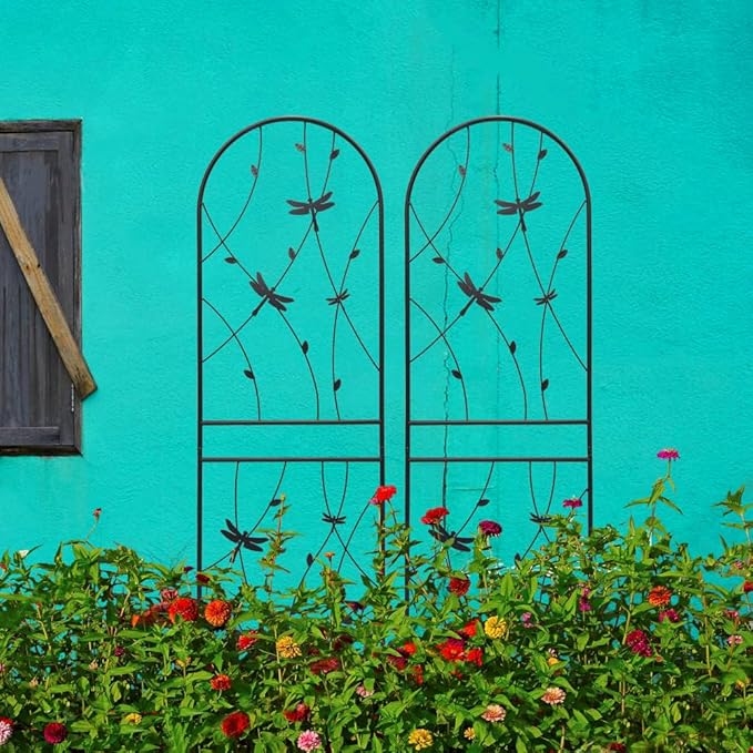 Sturdy Metal Garden Trellis for Climbing Plants – Rust-Resistant Outdoor Flower Support with Decorative Dragonfly Design (2 Pack-H71'')