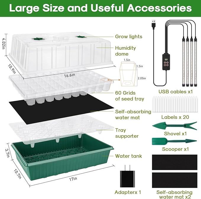 BlumWay 120-Cell Self-Watering Seed Starter Tray with Grow Light 1-24H Timer Seed Starter Kit with 4.02 Humidity Dome Seedling Tray for Indoor Plant Starter Plant Germination Trays-Green