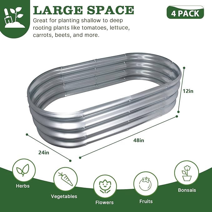 4Pack 4x2x1ft Galvanized Raised Garden Bed Kit Oval Metal Ground Planter Box Outdoor Bottomless Planter Raised Beds for Vegetables Flowers Herbs Fruits Silver