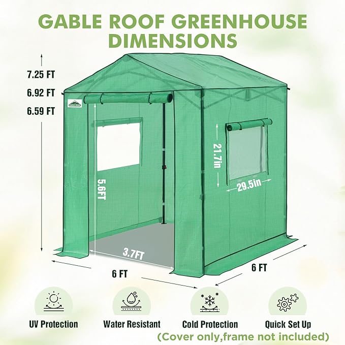 EAGLE PEAK Replacement Cover for 6x6 Gable Roof Pop up Greenhouse Front and Rear Roll-Up Zipper Entry Doors and 2 Large Roll-Up Side Windows (Frame Not Included) Green