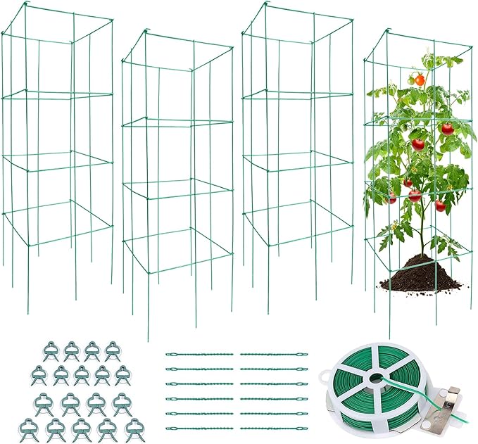 Barbella Tomato Cage 4 Pack Plant Support Cage Square Folding Tomato Cages Garden Plant Support Stake Tower with Clips and Ties Garden Trellis Plant Cage for Vertical Climbing Plants (Green)