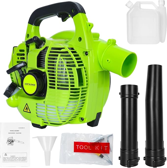 2-Stroke Handheld Leaf Blower Gas Powered Leaf Blower 26cc Gas Grass Sweeper Handheld Petrol Blower Powerful Clearing Blower for Lawn Care Snow Blowing and Yard Cleaning US Green