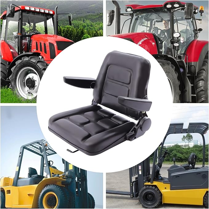 Universal Forklift Seat Foldable Tractor Seat with Armrests 35-175° Height &amp Angle Adjustable Lawn Mower Seat High Resilience Forklift Seat Black PVC Tractor Seat Heavy Mechanical Seat