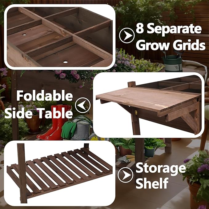 Elevated 8 Pocket Herb Garden BedWooden Standing Planter Box with LegsFoldable Side Table and Storage Shelf Patio Raised Garden Bed for HerbsVegetablesFlowers (Dark Brown 49 Inch)