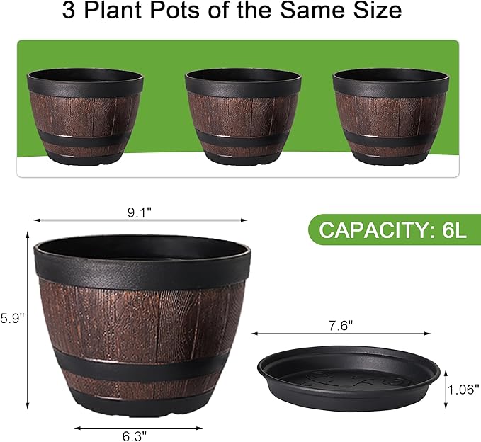 VECELO Plant Pots with Drainage Holes &amp Saucer 9 Inch Flower Pots with Tray 3 Pack Plastic Whiskey Barrel Planters for Indoor &amp Outdoor Garden Home Plants and Flowers