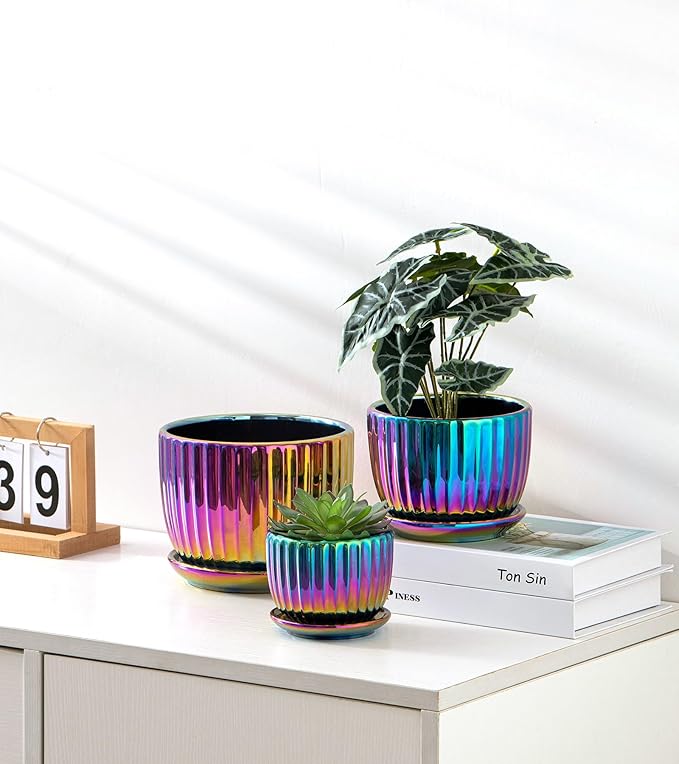 Ton Sin Flower Pots Purple Ceramic Plant Pots Set of 3Small Glazed Succulent Pots with Drainage HoleCactus Planter with SaucerOutdoor Garden Pots (Colorful Gold)