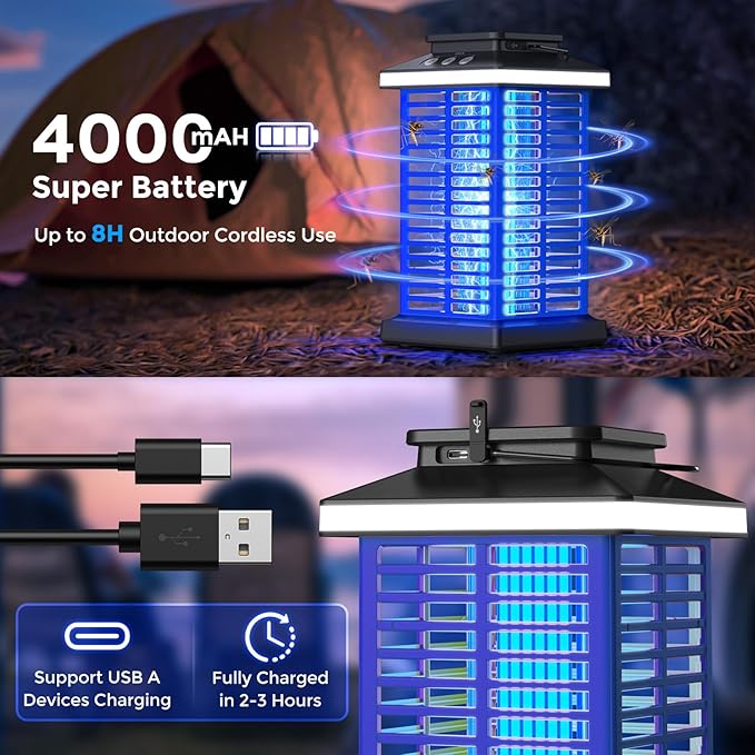 Bug Zapper Outdoor Mosquito Zapper 2 in 1 Portable &amp Rechargeable Bug Zapper Outdoor with 5000mAh Battery &amp LED Night Light 4000V Electric Fly Zapper for OutsidePatioBackyardGarden Blue