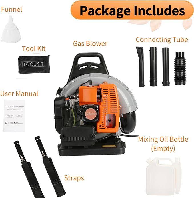 Backpack Leaf Blower 63CC 2-Stroke Engine Leaf Blower Gas Powered 665 CFM Leaf Blower Backpack Leaf Blower Gas with Powerful Wind from US (63CC Orange)
