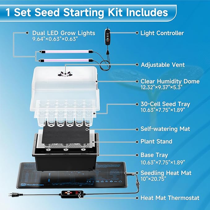 Hon&ampGuan 1 Pack Seed Starting Kit - 30 Cell Seed Starter Tray with Higher 5.3” Humidity Dome LED Growing Lights and 10x20.75 Seedling Heat Mat Adjustable Vents - Germination &amp Plant Propag