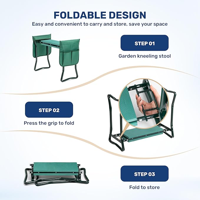 InfiniPower Garden Kneeler and Seat Foldable Kneeling Bench with Sturdy Soft EVA Foam Pad Hold Up to 330lb 2 Tool Pouches Included for Gardening Fishing Camping Green