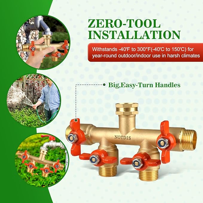 4 Way Brass Hose Splitter Full Flow with Metal Handle - Heavy Duty Spigot Splitter with Shut Off Valve 3/4 GHT Garden Tap Connector