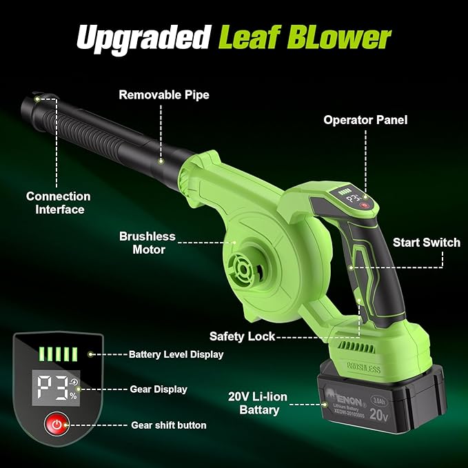 Brushless Electric Cordless Leaf Blower with Battery and Charger 3 Speed Mode Lightweight Cordless Blower for Blowing Leaves Patio Cleaning Blowers for Lawn Care and Dust