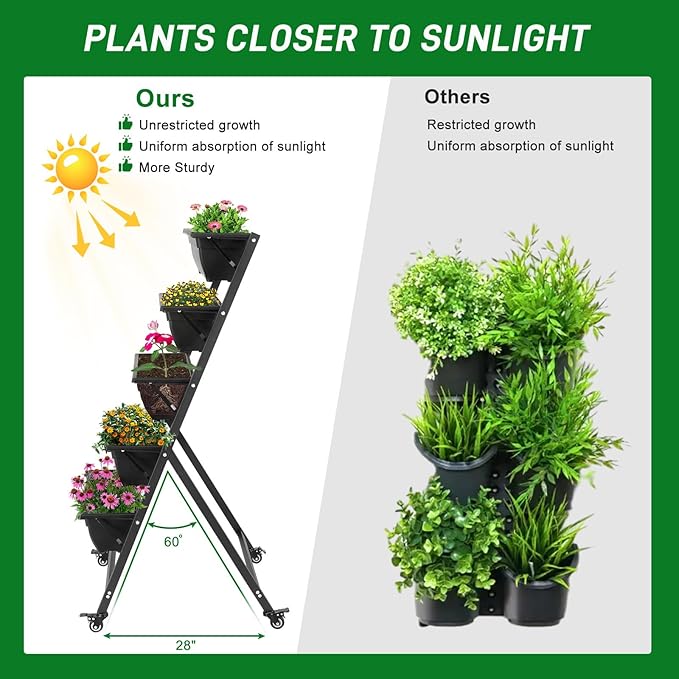 Vasitelan Vertical Raised Garden Bed 5 Tiers Vertical Raised Garden Planter Garden Raised Bed with 4 Wheels Vegetable Flower Planter Raised Stand for Garden Patio Yard Black