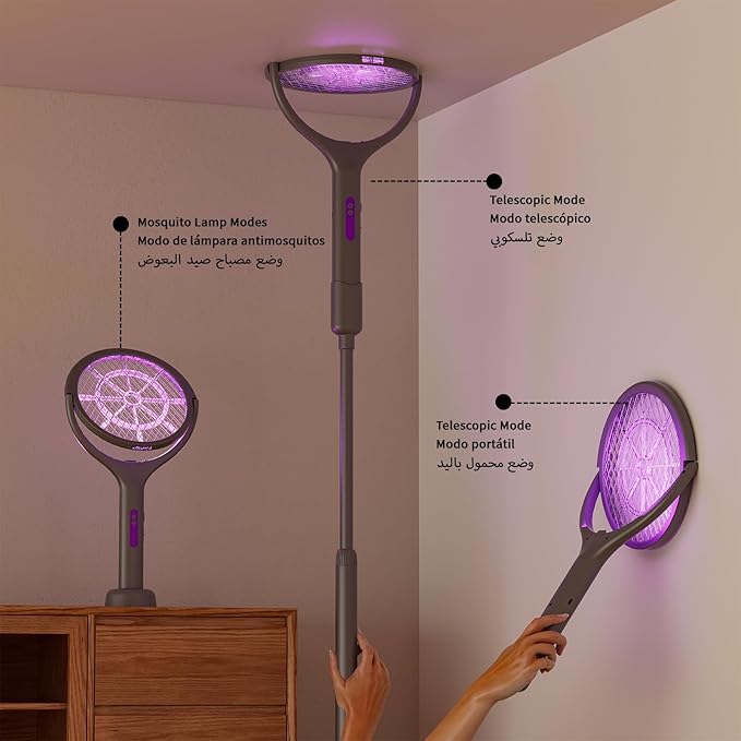 Rechargeable Electric Fly Swatter Telescopic Handle with Rotating Head 1200mAh Type-C Charging Indoor &amp Outdoor Handheld Bug Zapper for Mosquitoes and Flies