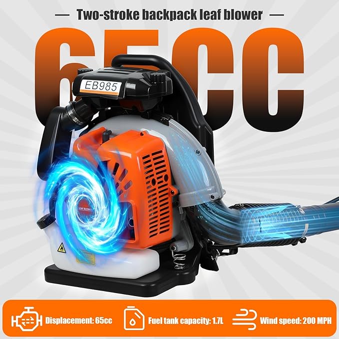 65cc Backpack Leaf Blower - 200MPH Gas Leaf Blower High-Velocity Strong Wind Back Pack Leafs Blowers with 1.7L Tank for Lawn Garden &amp Commercial Use Orange