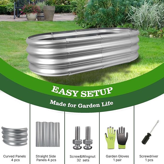 4Pack 4x2x1ft Galvanized Raised Garden Bed Kit Oval Metal Ground Planter Box Outdoor Bottomless Planter Raised Beds for Vegetables Flowers Herbs Fruits Silver