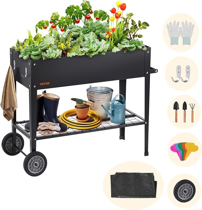 VEVOR Raised Planter Box with Legs and Wheels Larger Size 43.3x19.5x31.5 Outdoor Elevated Garden Bed On Wheel Metal Planting Boxes for Growing Flowers/Vegetables/Herbs in Backyard/Garden/Balcony