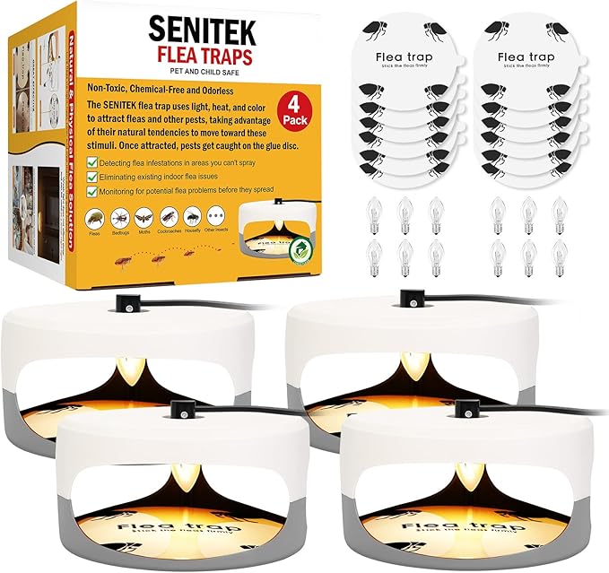Flea Traps for Inside Your Home 4 Pack Original Indoor Flea Light Bed Bug Killer w/ 12 Sticky Pads &amp 12 Light Bulb Refills Replacement Odorless Insect Infestation Treatment Trap Lamp for Kid Pet
