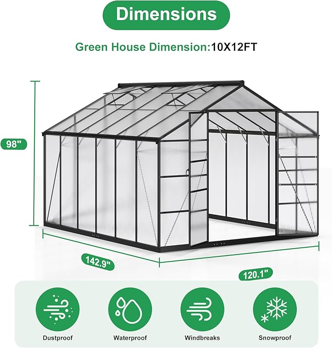 WKM 10x12 FT Greenhouse Enhanced Aluminum Frame Greenhouses for Outdoors Withstands Strong Wind or Snow Green House with Swing Door Green Houses for Outside Garden Backyard Black