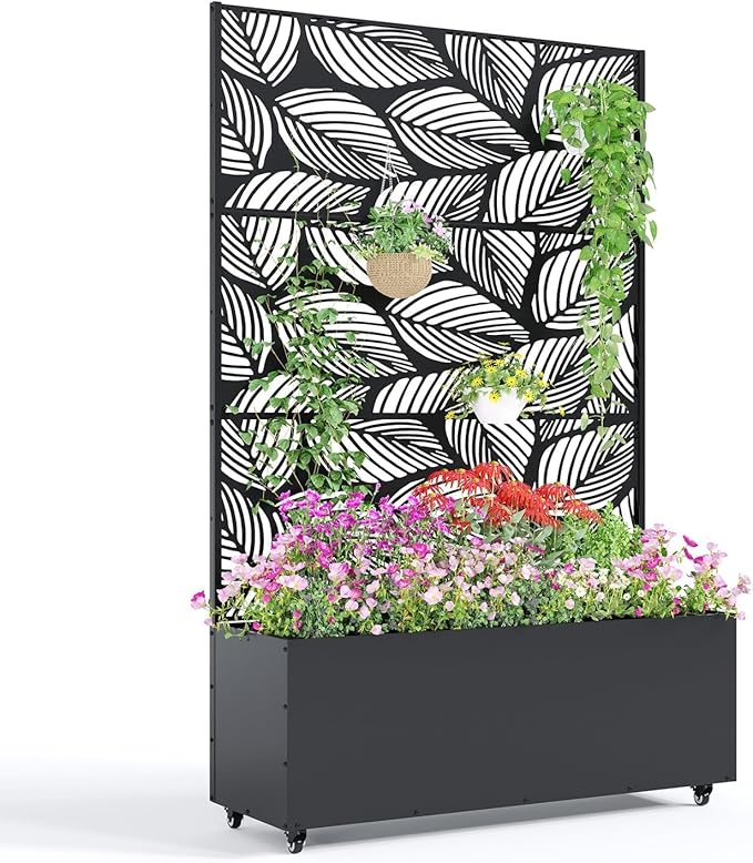 GarveeLife Metal Planter Box with Trellis and Wheels 71x47x16 Raised Garden Bed for Climbing Plants Vegetables Vines Privacy Planters for Patio with Drainage Holes 15.7 Deep Planting Bed