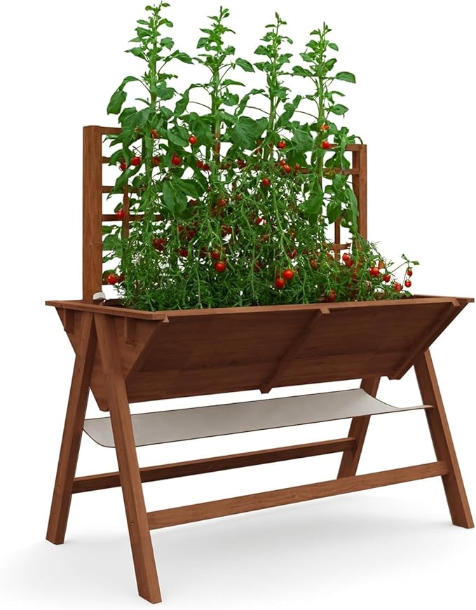 CABIHOME 2-in-1 Raised Garden Bed with Legs Large Elevated Wooden Raised Planter Box with Vine Climbing Trellis-Standing Growing Bed for Growing Vegetables Flowers Herbs