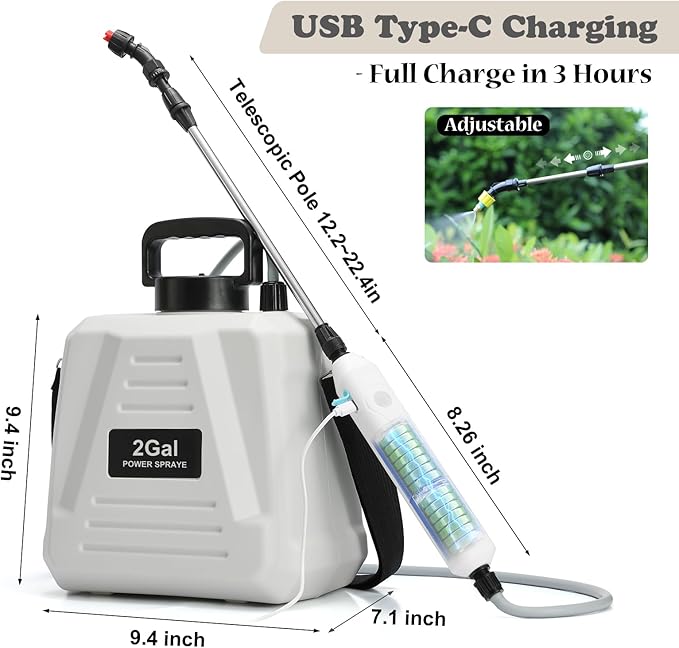 Battery Powered Sprayer 2 Gallon Powerful Electric Garden Sprayer with 3 Mist Nozzles USB Rechargeable Handle Retractable Wand and Adjustable Shoulder Strap for Irrigation Weeding (White)