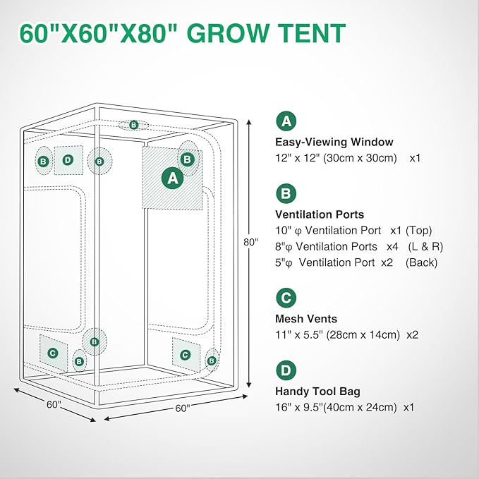 Yesker 5x5 Grow Tent 60x60x80 High Reflective Mylar Large Indoor Growing Tents 600D Oxford Cloth with Observation Window and Removable Floor Tray for Hydroponics Indoor Plants Fruit Flower Growing
