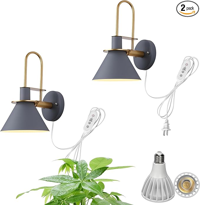 2-Pack Hook Type Wall Mounted Plant Light Full Spectrum White Light 6000K 25W Bulb Modern Gray Metal Timing Plug in Cord Wall Lamp for Indoor Growing Plants Flowers