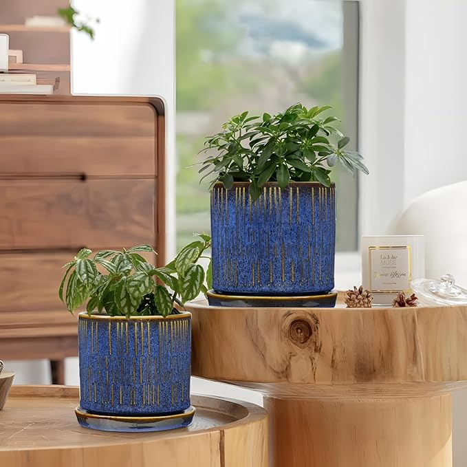Ceramic Plant Pots with Drainage Holes Set of 2 4.3+5.1 Inch Stripe Garden Planter Pots for Outdoor Indoor Plants Flower Round Succulent Orchid Flower Pot Blue