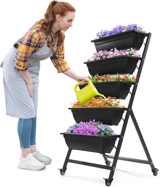 Vasitelan Vertical Raised Garden Bed 5 Tiers Vertical Raised Garden Planter Garden Raised Bed with 4 Wheels Vegetable Flower Planter Raised Stand for Garden Patio Yard Black