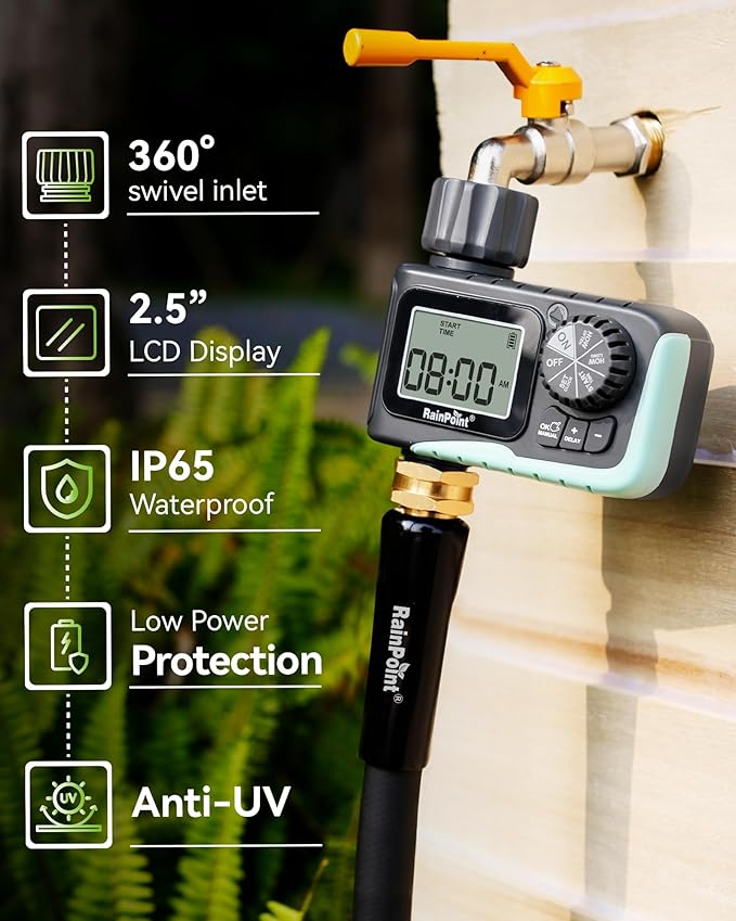 RAINPOINT Sprinkler Timer Programmable Water Timer for Garden Hose Outdoor Soaker Hose Timed with Rain Delay/Manual/Automatic Watering System Digital Irrigation for Yard Lawn 1 Outlet