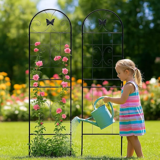 LifeSky Metal Garden Trellis for Climbing Plants: 2 Pack Outdoor Plant Support Structure - Rustic Wrought Iron Design with Butterfly Accents for Urban Balcony Gardening &amp Vertical Vine Training