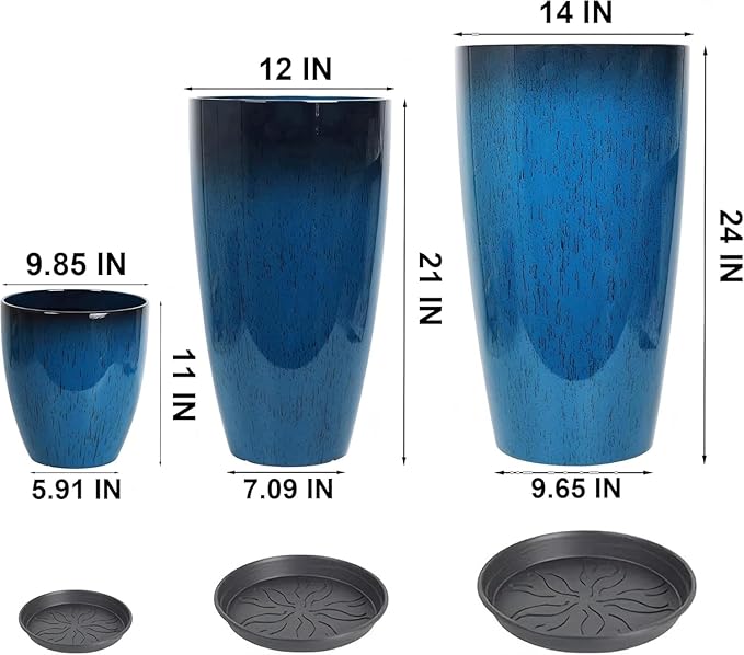 242111 Inch Large Plastic Planters with Drainage Hole and Saucer - Set of 3 Tall Plant Pots Indoor Flower Pot Tall Round Planters Outdoor Large Tall Planter