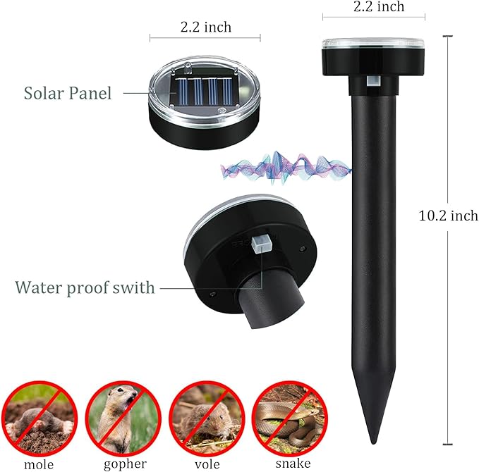Mole Repellent 10P Solar-Powered Deterrent Stake Sonic Spikes Get Rid for Snake Groundhog Gopher Vole Deer Repellent for Lawns Garden &amp Yard Black