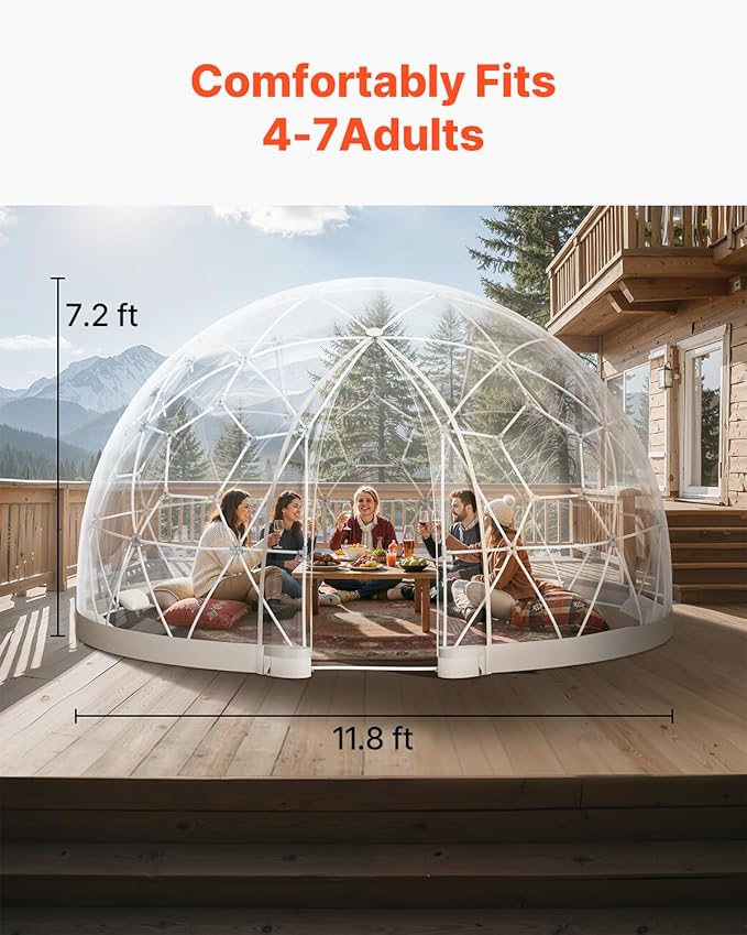 VEVOR Garden Dome Tent 12 x 7.2 ft Clear Bubble Tent House for 4-7 Person Waterproof PVC Geodesic Dome Greenhouse with Ventilated Window Outdoor Igloo Tents for Patio Backyard Party Camping