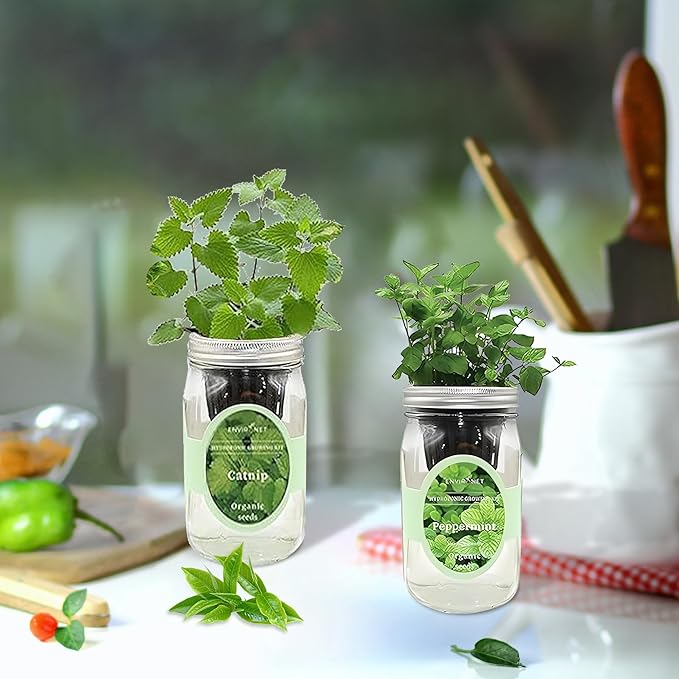 2-Pack Hydroponic Mason Jar Herb Garden Kit Indoor Herb Garden Self-Watering Starter Kit New Christmas Gift for Mom (CatnipPeppermint)