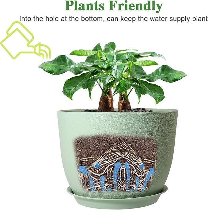 12/10/9 Large Modern Plant Pots Plastic Planters with Drainage Holes and Saucers for Indoor Outdoor Plants Flowers Green