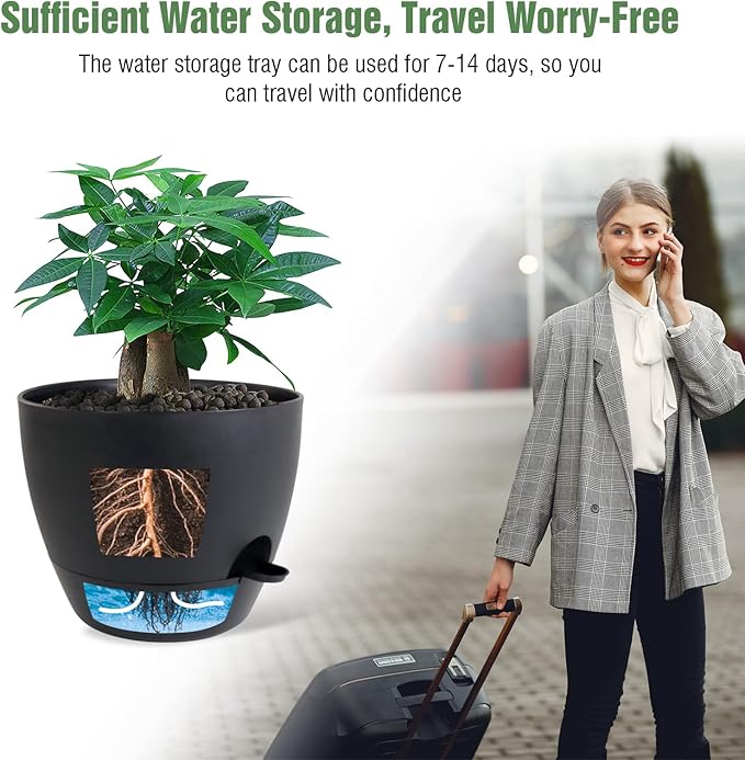 12 inch Large Self Watering Pots Plastic Planters with 60oZ Removable Deep Reservoir and Multi Mesh Drainage Holes for Indoor Outdoor Garden Plants and Flowers Black