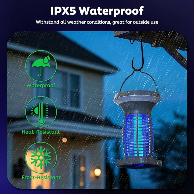 Solar Bug Zapper Outdoor Mosquito Zapper Outdoor Waterproof Electric Fly Zapper Rechargeable Mosquito Killer with Solar Panel 4200V Fly Trap Indoor for Home Backyard Patio Garden Camping