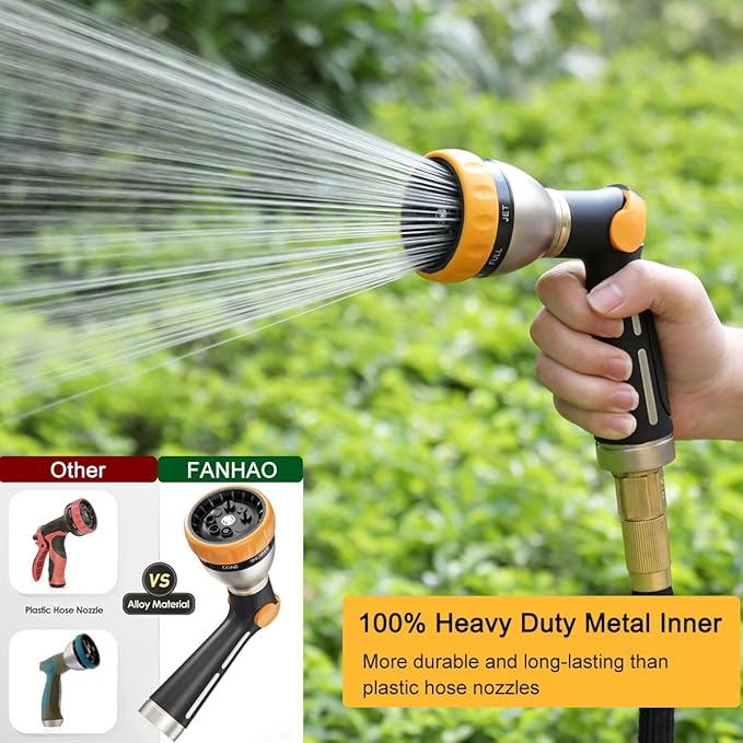 FANHAO Garden Hose Nozzle 100% Heavy Duty Metal Spray Nozzle with Thumb Control High Pressure Water Nozzle with 8 Adjustable Spray Patterns for Watering Plants Washing Cars and Showering Pets