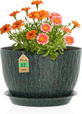 12 Inch Wide Water Ripples Flower Pots for Indoor or Outdoor Plants Large Plant Pots with Drainage Holes &amp Saucer Plastic Planters Set for Garden &amp Home Decor (Black with Green Speckles)