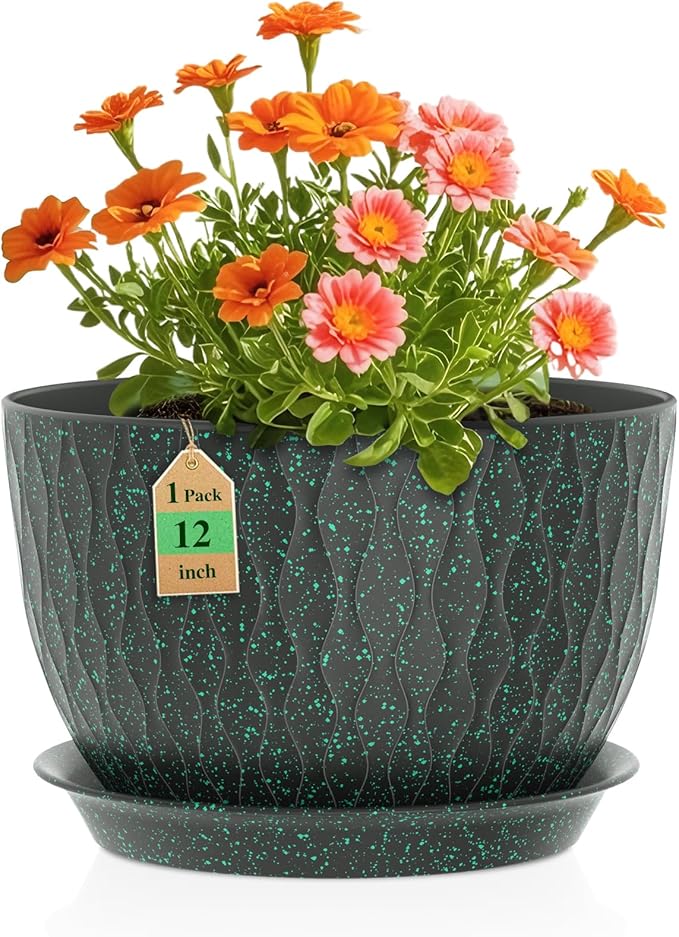 12 Inch Wide Water Ripples Flower Pots for Indoor or Outdoor Plants Large Plant Pots with Drainage Holes &amp Saucer Plastic Planters Set for Garden &amp Home Decor (Black with Green Speckles)