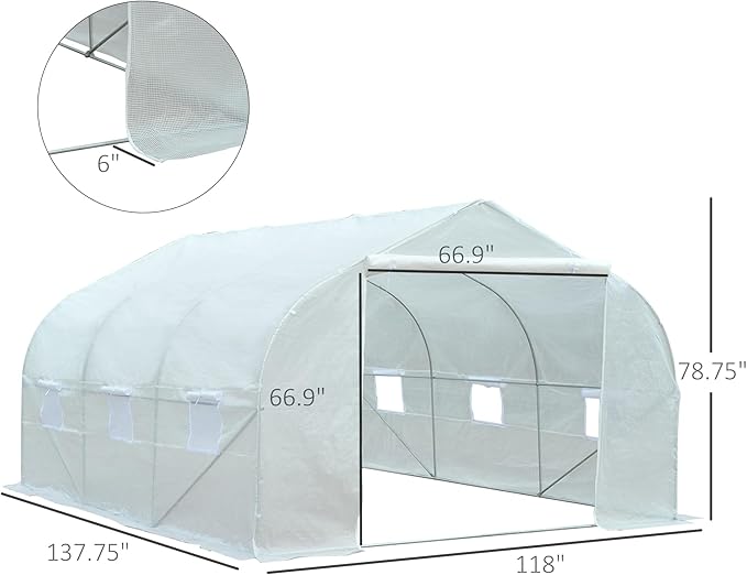 Outsunny 11.5' x 10' x 6.5' Outdoor Walk-in Greenhouse Tunnel Green House with Roll-up Windows Zippered Door PE Cover Heavy Duty Steel Frame White