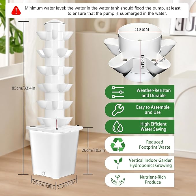 Hydroponic Tower Hydroponics Growing System Kit 6 Layers 30 Pods Vertical Planter Tower with 10L Tank Indoor Outdoor Hydroponic Grow System for Herb/Strawberry/Vegetable/Flower Planting (White)