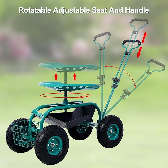 Donext Garden Cart Outdoor Rolling Garden with Wheels 360 Degree Swivel Seat Wagon Scooter with Steering Handle &amp Utility Tool Tray Green