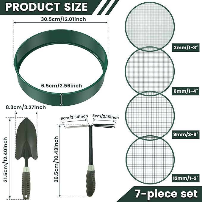 Soil Sifter for Gardening 12 Inch Dirt Garden Sieve Soil Sifter with 4 Replaceable Fine Screens and 2 Gardening Tools Rock Sieve Sifter Soil Sieve Sifter Set Sifting Pan