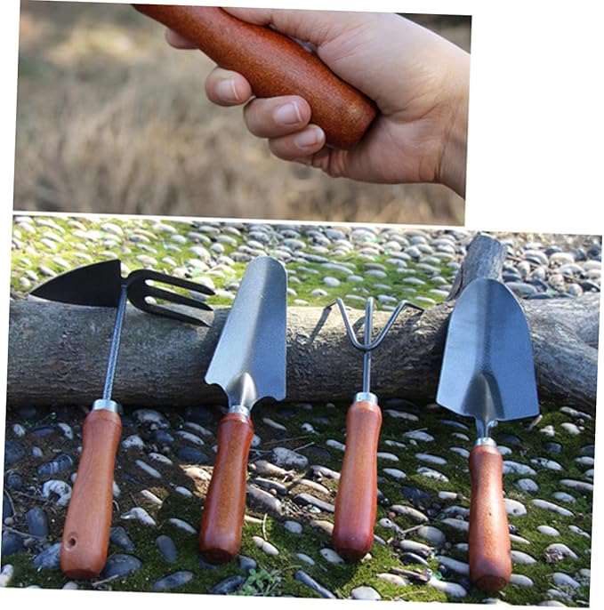 Toyvian 4pcs Mini Garden Tool Set with Stoving Varnish Shovel and Thickened Iron Spade Wooden Handle Planting Tools for Gardening and Potting