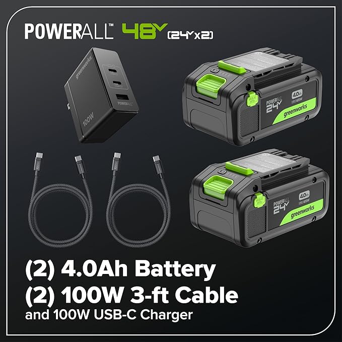 Greenworks 48V (24V x 2) Brushless Axial Leaf Blower (600 CFM / 150 MPH) Powerful for Large Yard Driveway Patio and Deck Cleanup Includes (2) 4.0Ah Batteries and 100W GaN Charger