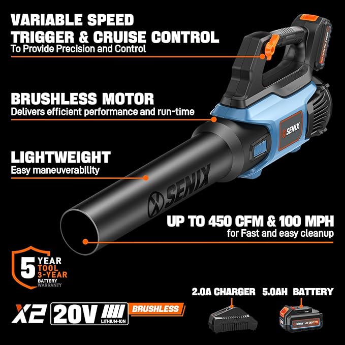 SENIX 20V Max Leaf Blower Cordless Brushless Handheld Up to 450 CFM and 100 MPH 2 Speed Mode Cruise Control Lightweight 5.0 Ah Battery and Charger Included (BLAX2-M3)