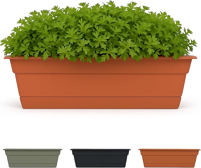 Bloem Dura Cotta Window Box Planter: 24 - Terra Cotta - with Tray Weatherproof Resin Box Removable Tray for Indoor &amp Outdoor Use Gardening 3 Gallon Capacity